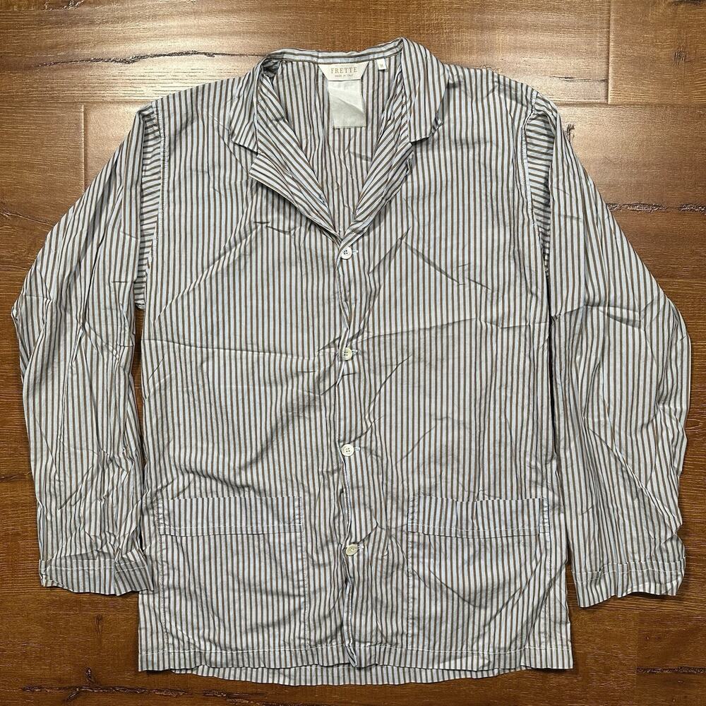 Frette Button Up Pajama Shirt Mens M Blue Stripe Woven Designer Luxury Comfort